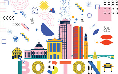 Typography word Boston branding technology concept. Collection of flat vector web icons. American culture travel set, Memphis architectures, specialties detailed silhouette. Doodle famous landmarks.