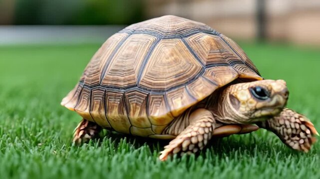 Young tortoise green grass crawling slowly with detailed shell scute texture and curious reptile