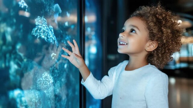 Curious child smiling at aquarium glass coral display with joyful curiosity and gentle touch