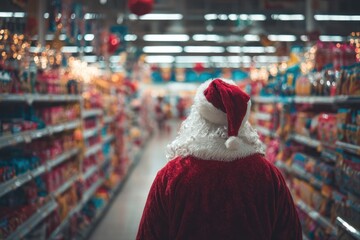 Santa Claus In A Busy Supermarket Aisle During Christmas Shopping, Festive Holiday Mood, And Family Moments