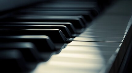 Artistic close-up of piano keys with shallow depth of field, capturing light and shadow across glossy surfaces