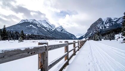 Snowy Path to Majestic Mountains - A Winter Wonderland Scene.