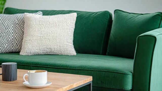 Emerald green velvet sofa with patterned cushion throw pillow and textured coffee table scene