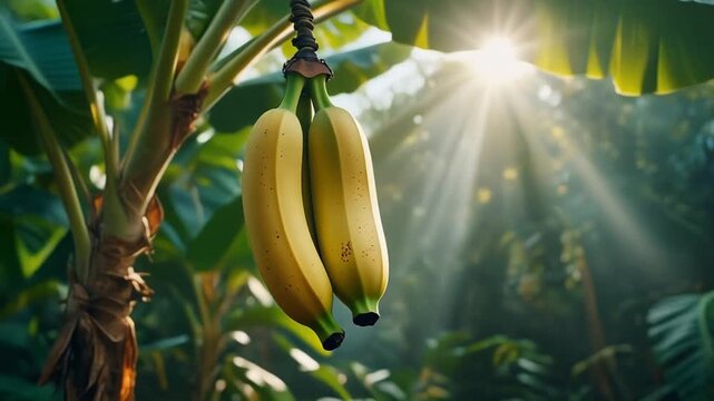 Ripe Bananas Hanging From A Tropical Banana Tree With Sun Flare in Greenery Background