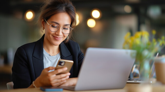 Happy young asian business woman using smartphone and working on laptop computer with digital tablet on office table, surfing the internet, web browsing via laptop, close up, with 
