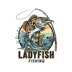 Fototapeta premium Ladyfish as a logo print design on various media such as t-shirts, mugs, hats, tote bags, etc. for various events related to fishing hobbies, vintage cartoon flat design illustrations 