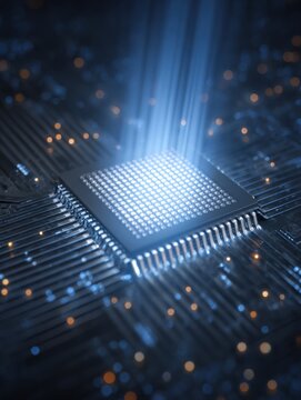 Macro View of a Glowing Blue AI Chip Showcasing Technological Advancements in Semiconductor Design and Innovation