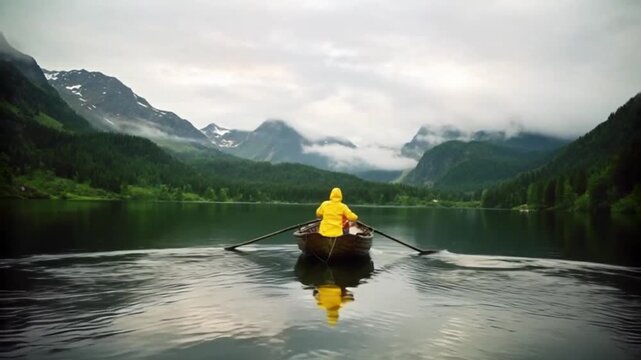 Tranquil mountain lake video showing a solitary rower exploring nature's beauty amidst misty peaks