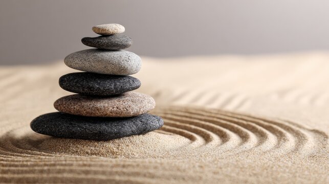 Balanced Stones Create a Serene Zen Composition in Soft Sand With Ample Copy Space for Tranquil Design
