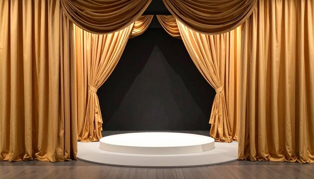 Elegant golden stage curtains frame a bright spotlight in a performing arts venue for an upcoming show or production