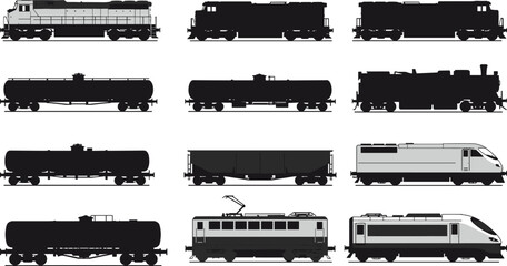 Train icons, diesel locomotive, steam engine, tank car, hopper car, electric train, passenger train, silhouette set, rail transport, vector graphic © Aiub