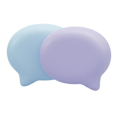 3D render of two soft pastel speech bubbles, blue and purple, symbolizing the concept of digital communication, online chat, and interactive messaging