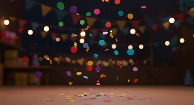Vibrant confetti falling on a festive background with string lights and party decorations