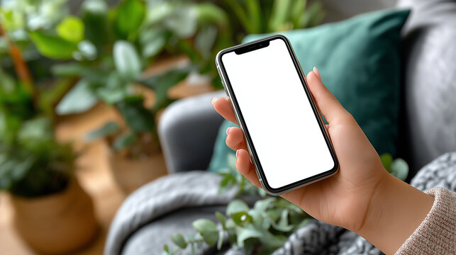 Cell phone blank white screen mockup, woman hand holding and using mobile phone at home, overhead view, empty screen space for social media marketing or mobile app design, business