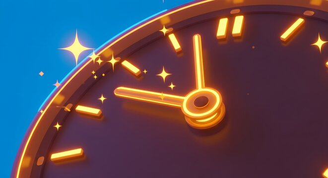 Glowing Golden Clock with Sparkles on Blue Background, Symbolizing New Year's Eve Countdown or Special Occasion
