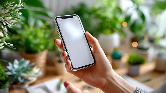Cell phone blank white screen mockup, woman hand holding and using mobile phone at home, overhead view, empty screen space for social media marketing or mobile app design, business - Powered by Adobe