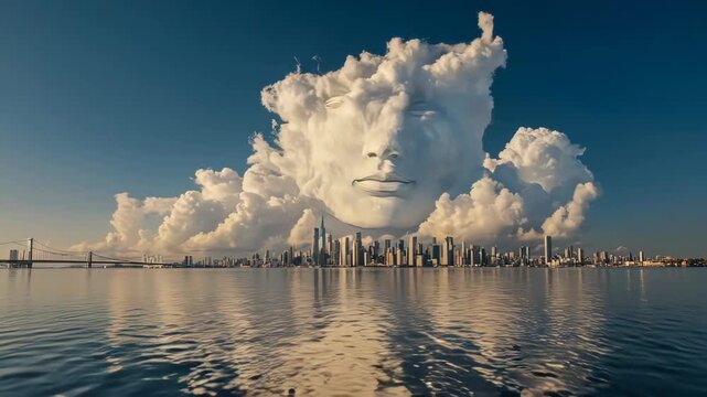 A surreal landscape with a cloud face above a cityscape, water, and bridge