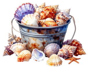 Colorful Seashells in Bucket on White Background