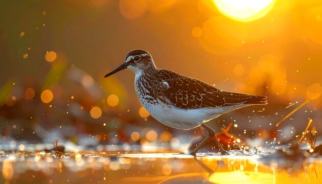 A small shorebird walks in shallow water at sunset, water droplets sparkle around it with an orange and golden glow