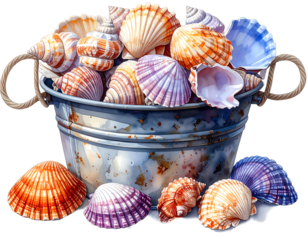 Colorful Seashells in a Bucket on White Background