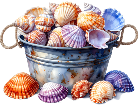 Colorful Seashells in a Bucket on White Background