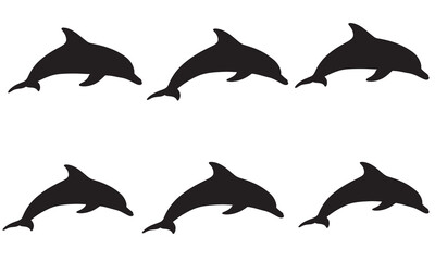 Six jumping dolphin silhouettes on white background
