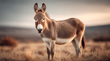A lovely donkey in a field gazes directly at the camera during daylight hours.