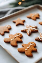 Freshly baked gingerbread cookies in festive shapes on a parchment-lined baking tray, cozy Christmas holiday home atmosphere