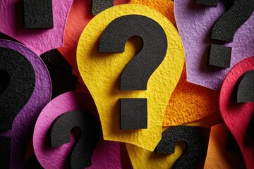 Colorful Question Marks in Bright Felt Cutouts Create a Playful Concept of Curiosity, Uncertainty, and Creative Thinking for Business, Education, and Marketing Imagery