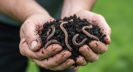 Farmer holding earthworms in rich, fertile soil, a concept for composting, organic gardening, and healthy agriculture.