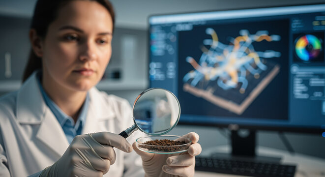 Female scientist in a lab coat analyzing a biological sample with a magnifying glass, with advanced 3D data on a computer screen.
