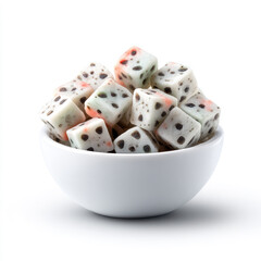A white bowl filled with diced dragon fruit cubes with black seeds, isolated on white background