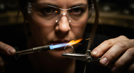Female jeweler using a blowtorch to solder a ring in her workshop, a close-up of fine craftsmanship and skilled labor.