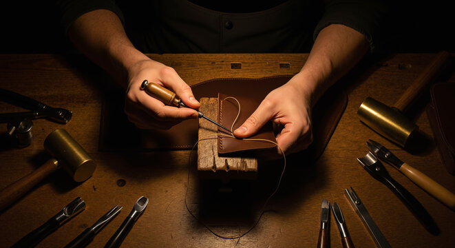 Artisan leatherworker's hands crafting a handmade wallet with traditional tools on a wooden workbench in a dimly lit workshop.