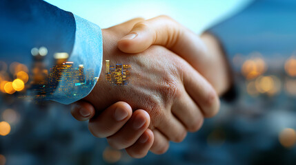 Business, finance and investment background, business handshake between partners, double exposure with office buildings and smart city skyline, successful global business deal conc
