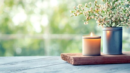 A lit candle and a vase of small white flowers sit on a rustic wooden plank, with a soft, out-of-focus green background.