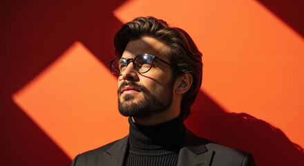 Confident bearded man in glasses and a black turtleneck, a stylish portrait with dramatic shadow on a vibrant orange background.