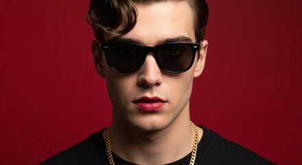 Stylish young man in black sunglasses and gold chain with red lipstick posing confidently on a vibrant red studio background.