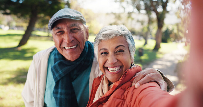 Portrait, happy or old couple in park with selfie for connection, commitment or healthy relationship. Embrace, elderly man and senior woman outdoor for marriage, love photography or bonding together.