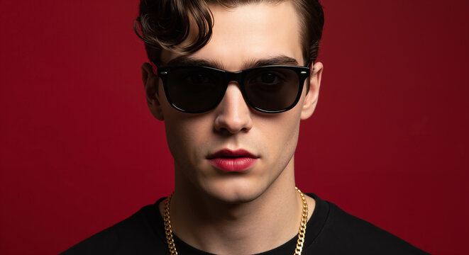 Stylish young man in black sunglasses and gold chain with red lipstick posing confidently on a vibrant red studio background. - Powered by Adobe