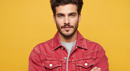 Obraz premium Handsome confident man with blue eyes and beard wearing a red jacket, smiling with arms crossed against a yellow studio background.