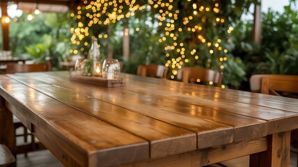 Rustic Wooden Table Setting with Lights and Greenery for Celebration