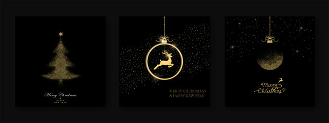 Pack of festive greeting cards with Christmas  ball, dear, christmas tree on black background. Holiday pattern. Vector illustratio