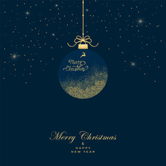 Greeting card with christmas ball made from golden glitter on black background.New year them. Vector illustration