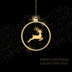 Greeting card with gold Christmas  deer, christmas ball on black background. Vector illustration. Gold pattern