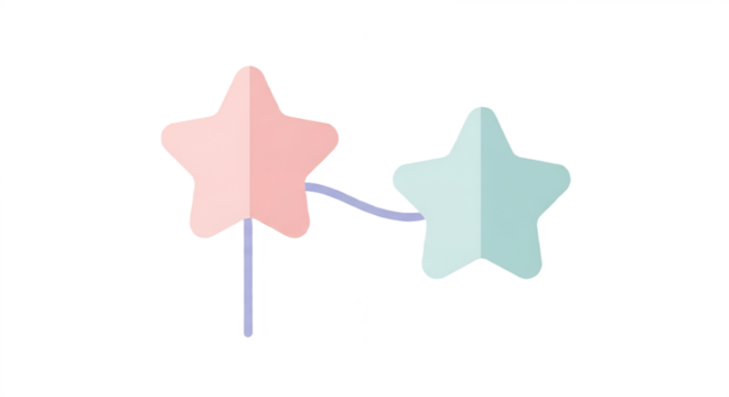 Two pastel stars connected by a thin line against a black background, simple and charming.