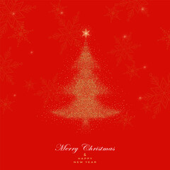 Greeting card with gold glitter Christmas  tree on red background. Vector illustration. Gold pattern