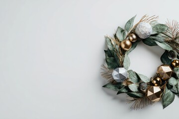 Elegant Christmas Wreath With Green Leaves, Gold and Silver Ornaments, and Geometric Baubles for Holiday Decor, Festive Centerpiece, and Modern Seasonal Styling