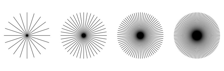Black Radial Sunburst Elements – Thin Straight Circle Lines, Sun Rays, Speed Lines, Ray Beams, Circular Spokes, Abstract Illusion Pattern