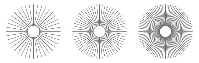 Black Radial Sunburst Elements &ndash; Thin Straight Circle Lines, Sun Rays, Speed Lines, Ray Beams, Circular Spokes, Abstract Illusion Pattern